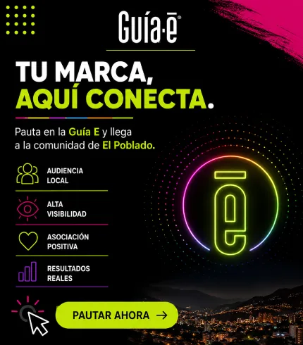 Banner publicitario de la Guía E que invita a pautar marcas y negocios para llegar a la comunidad de la Comuna 14 de El Poblado.