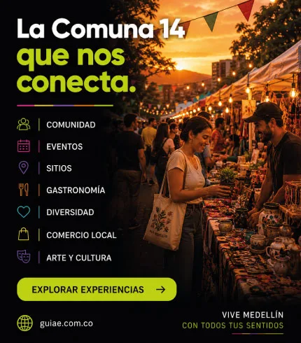 Banner vertical de Guía:E con un bazar comunitario en la Comuna 14, promoviendo eventos, gastronomía, comercio local, diversidad y experiencias en El Poblado.