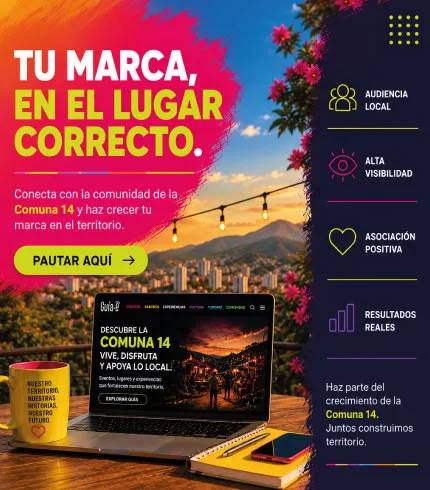 Banner móvil de Guía:E para promocionar marcas y negocios en la Comuna 14 de Medellín, conectando con una audiencia local interesada en cultura, gastronomía y comercio.