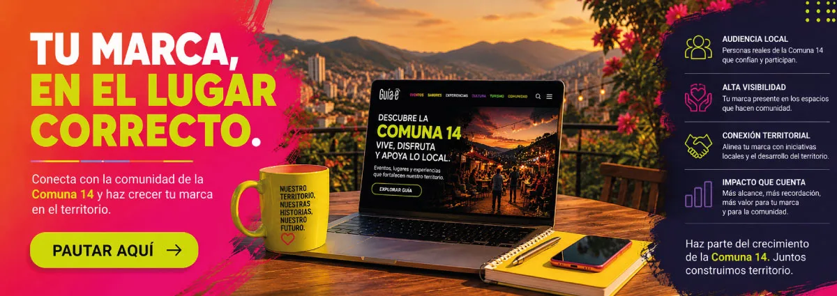 Banner publicitario de Guía:E invitando a empresas y emprendedores a promocionar su marca en la Comuna 14 de Medellín y conectar con la comunidad local.
