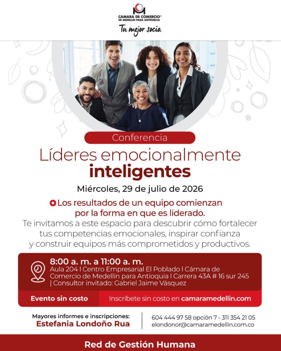 Afiche de la conferencia Líderes emocionalmente inteligentes organizada por la Cámara de Comercio de Medellín para Antioquia.