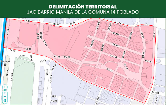 Mapa de la delimitación territorial de la Junta de Acción Comunal del barrio Manila, comuna 14 El Poblado, Medellín.