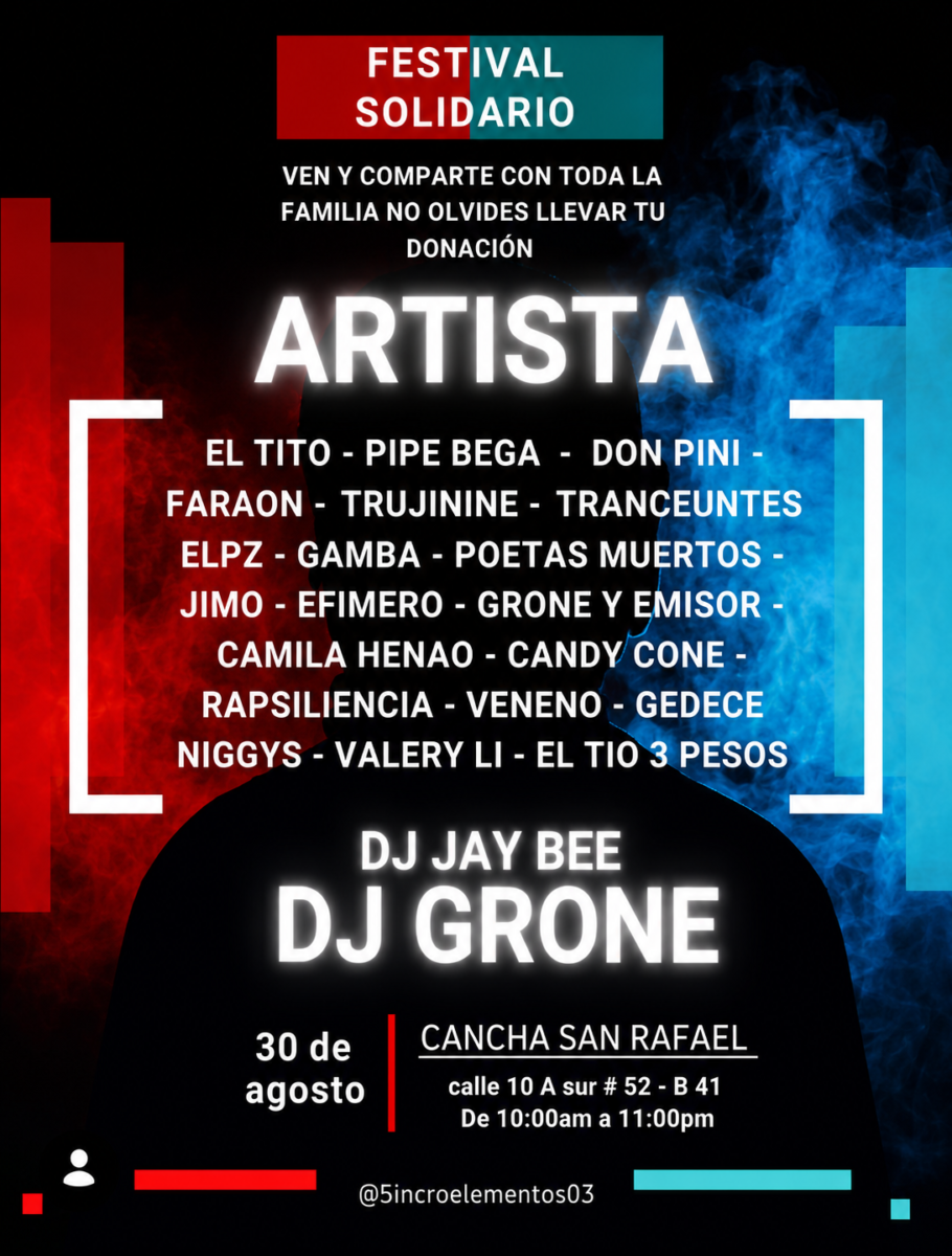 Festival Solidario en la Cancha San Rafael de Medellín, el 30 de agosto, con artistas locales, DJ, música en vivo y jornada de donaciones para compartir en familia y apoyar a la comunidad.