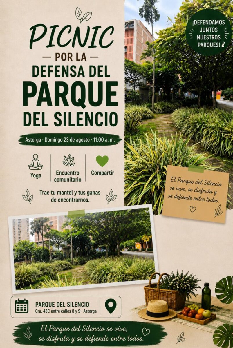Invitación al Picnic por la Defensa del Parque del Silencio en Astorga, Medellín, con yoga y encuentro comunitario.