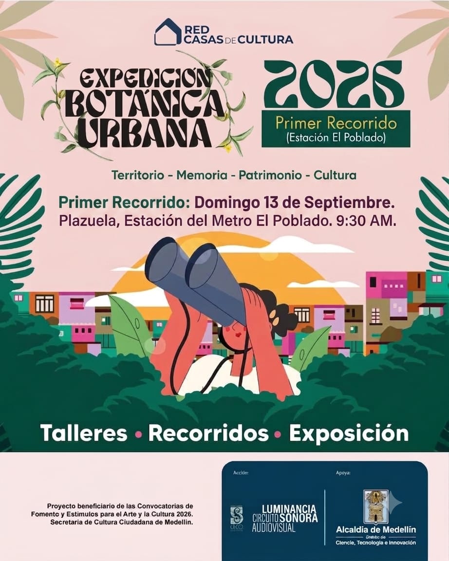 Afiche de la Expedición Botánica Urbana 2026, primer recorrido el 13 de septiembre desde la estación El Poblado del Metro de Medellín.