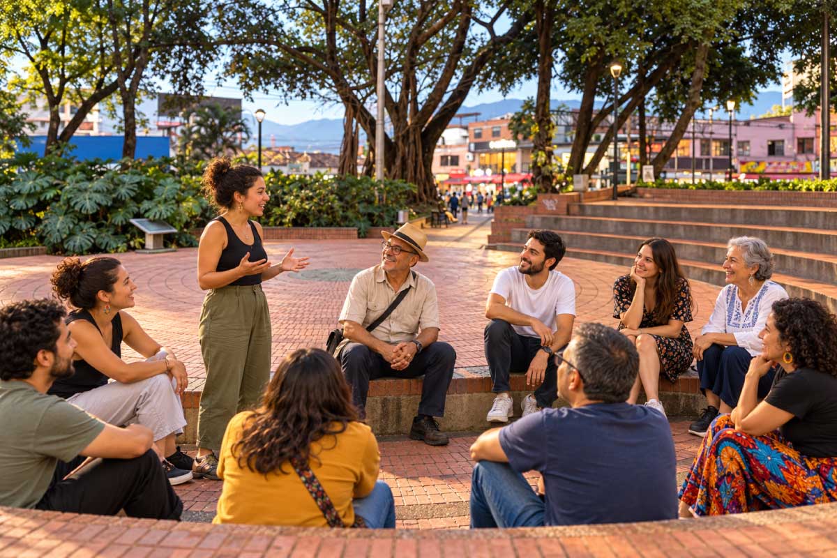 Imagen generada con IA de personas de distintas generaciones conversando en las graderías del Parque de El Poblado, Medellín.