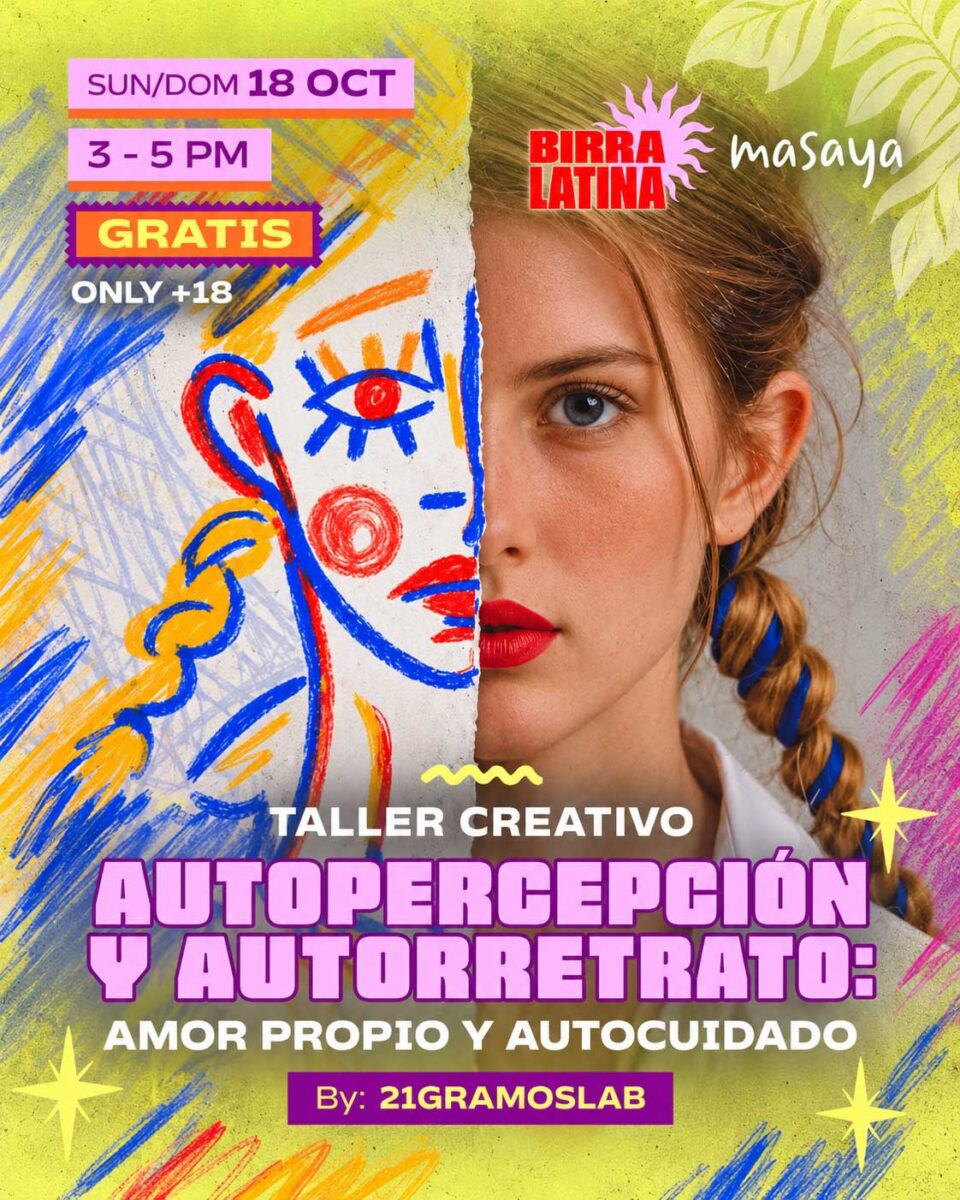 Taller creativo de autopercepción y autorretrato sobre amor propio y autocuidado en Masaya Medellín.