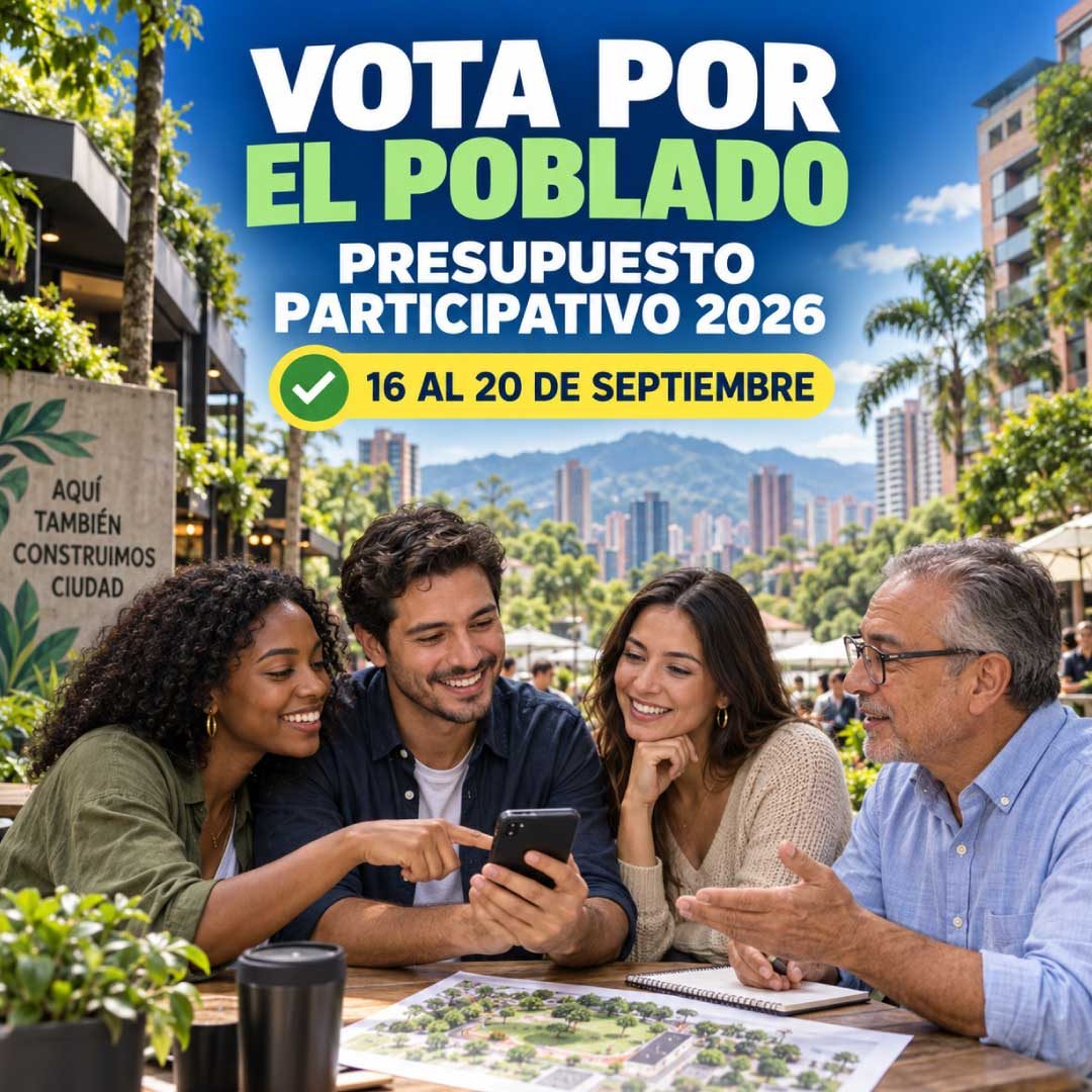 Pieza informativa que invita a votar en el Presupuesto Participativo de Medellín del 16 al 20 de septiembre de 2026, para decidir prioridades de la Comuna 14, El Poblado.